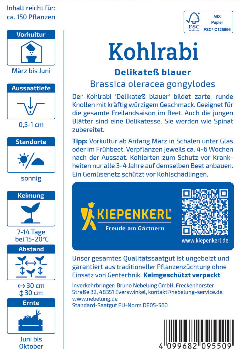 Vorderseite eines Pflanzensaatgutpakets mit blauer Kohlrabi und Anbaumanagementinformationen