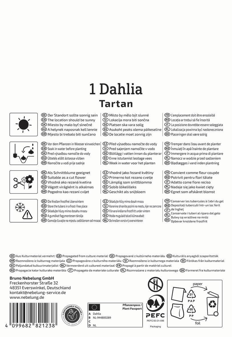 Anleitungssymbole für Pflanzenpflege und -verwendung, Text in mehreren Sprachen, Logo und Kontaktinformationen.