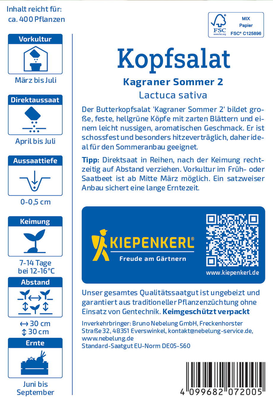 Pflanzensamen für Kopfsalat Kagrano Sommer 2, text auf Verpackung, blaue Schrift, QR-Code, Barcodes, Symbolik.