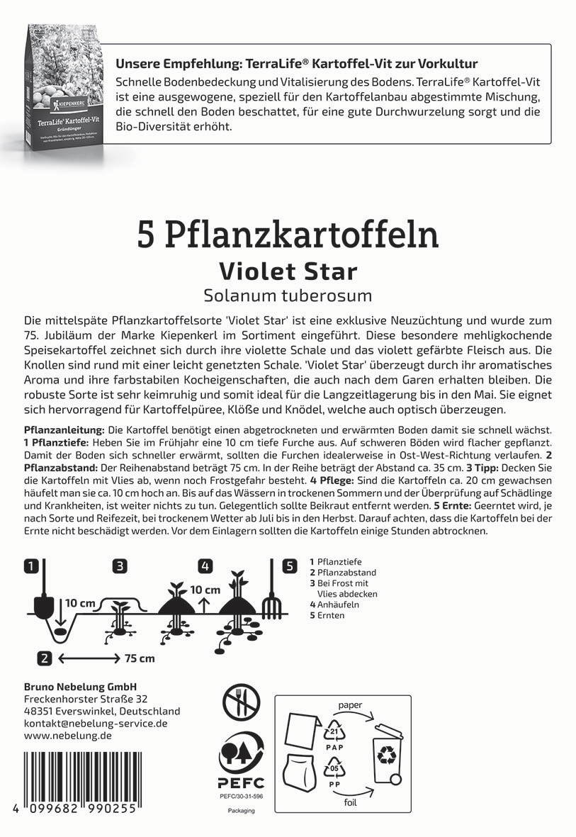 Fünf violette Pflanzkartoffeln mit viertelrunde Schale, Knollen, Blättern, Anleitung, Symbolen und Barcodes.