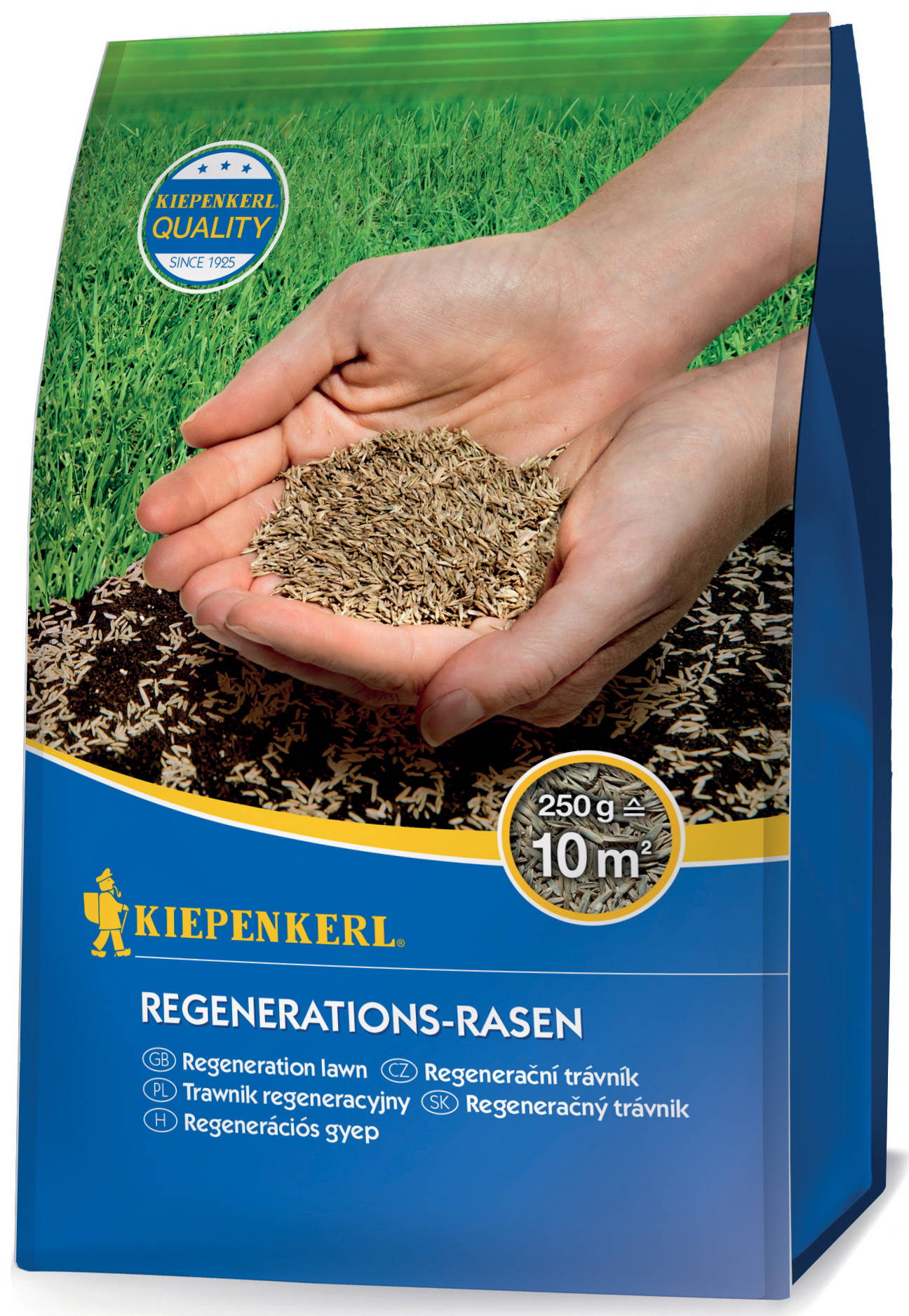 Pauschale mit Erde und Gras im Hintergrund, Hand hält Saatgut, Logo, Produktname und Angaben in mehreren Sprachen.