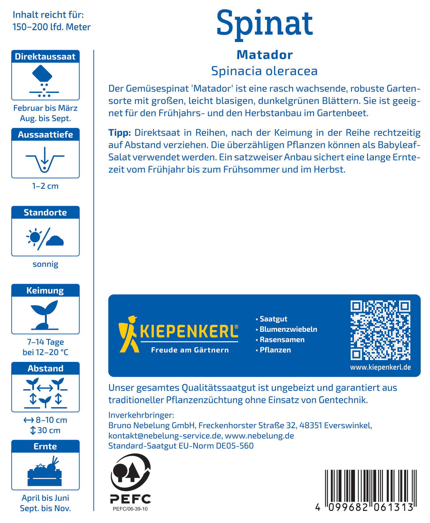 Bunter Etikett mit Text, Symbolen, QR-Code, Logo und Barcode, enthält Anbauhinweise für Spinat.