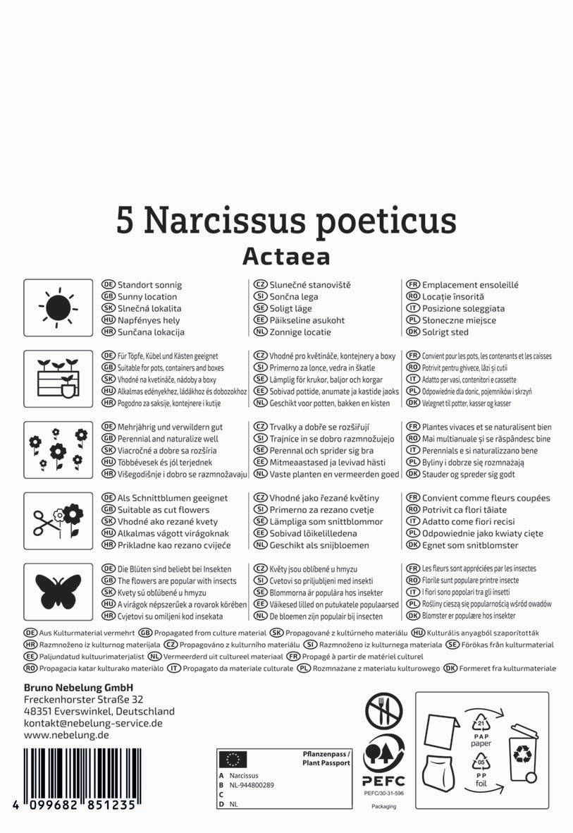 Bildbeschreibung: Pflanze mit kleinen Blüten, Beschriftung für unterschiedliche Sprachen, Warnsymbole und Herstellerangaben.