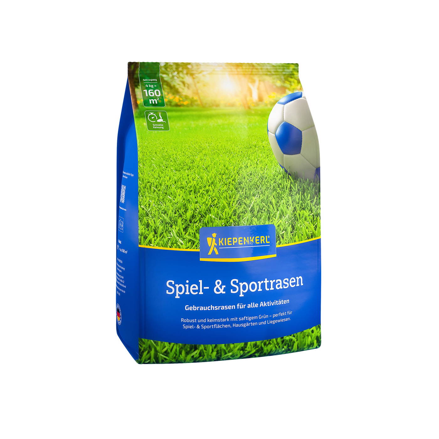 Blaukohle Verpackung mit grünem Rasenbild und Spielball, Kiepenkerl Logo, deutsche Produktbeschreibung.