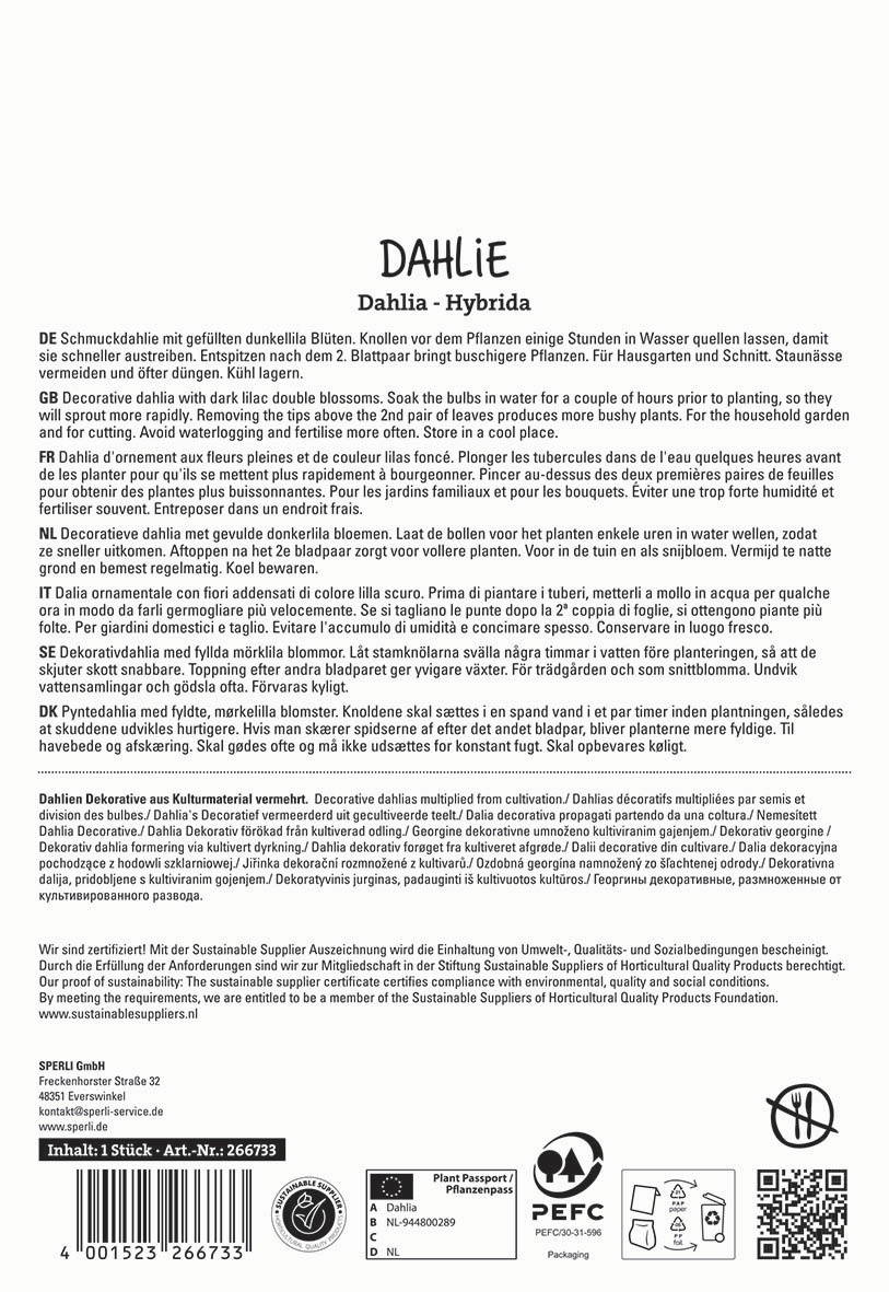 Beschreibung des Bildinhalts: Text auf mehreren Sprachen über Dahlien, Pflegehinweise und Nachhaltigkeitszertifizierung.