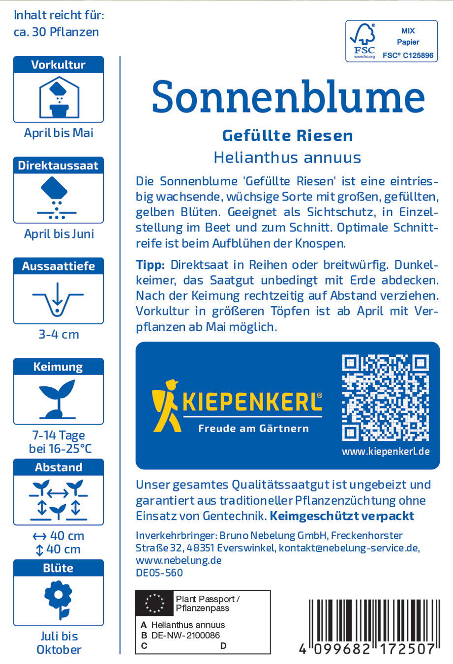 Sonnenblumen-Saatgut für gefüllte Riesen, gelbe Blüten, Deckel im Beutel, im Juni bis Oktober.