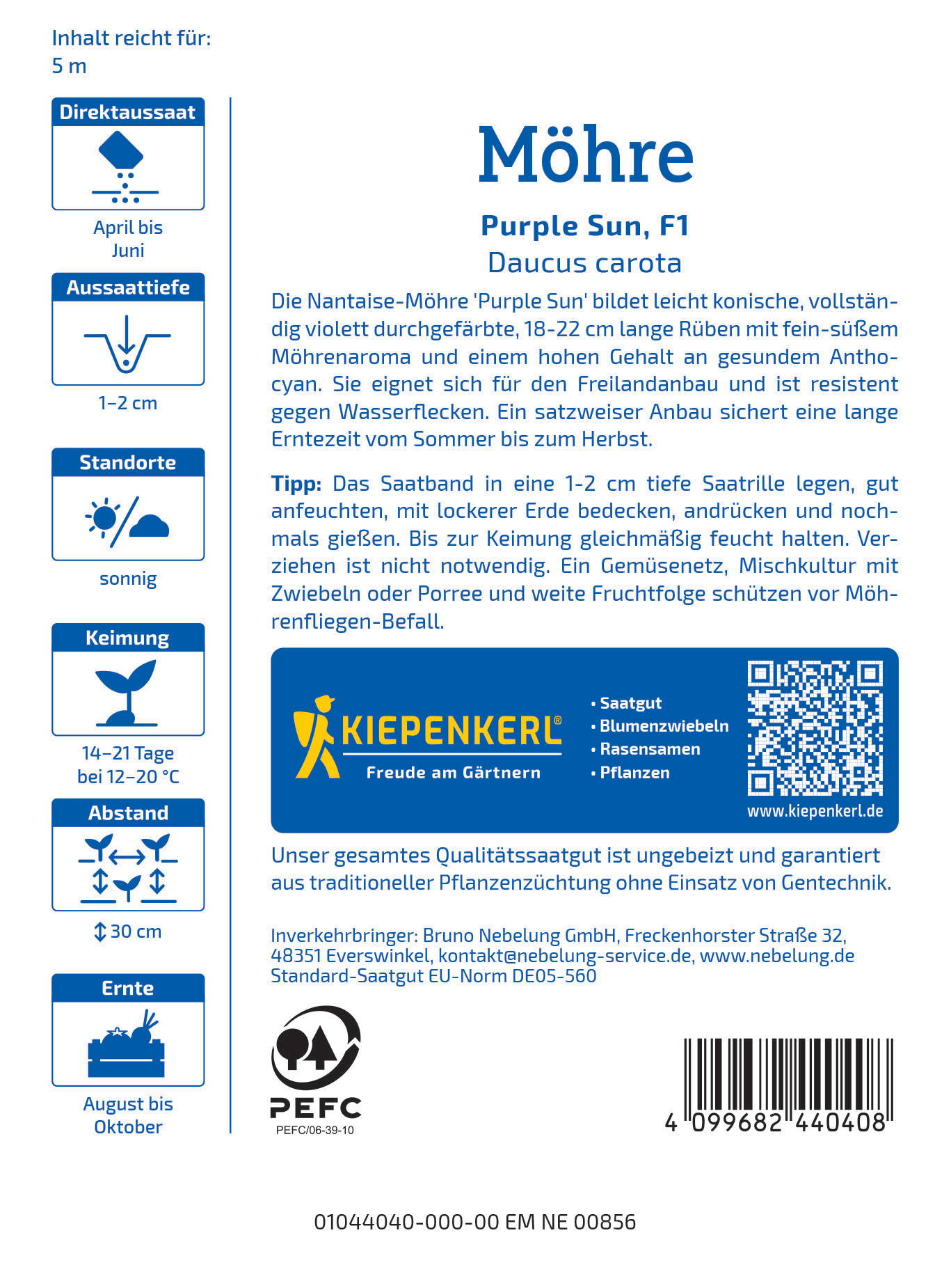 Bunte Verpackung mit Text und QR-Code, mit Informationen zu Möhre Purple Sun, F1, Daucus carota.