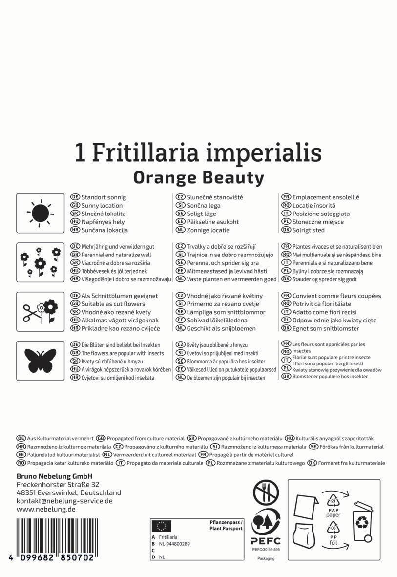 Fritillaria imperialis, orange, beschriftet, mit Pflanzanleitung und Symbolen.