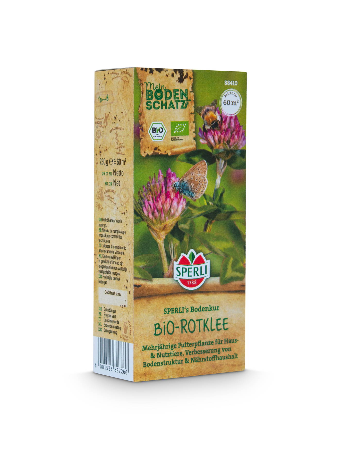 Kartonpackung Biomischung mit blühenden Pflanzen, Biene und Schmetterling auf grüner Wiese, Marke Sperli.