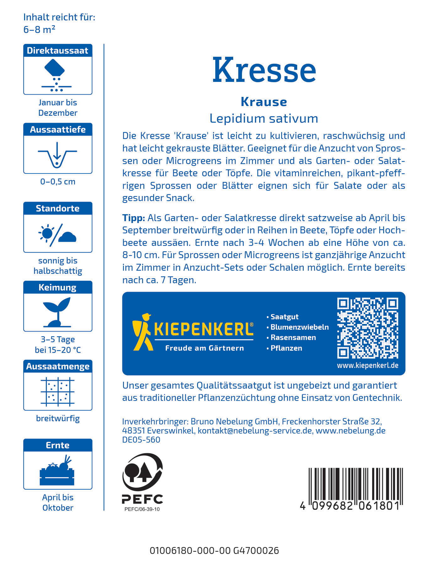 Paket mit Kresse Saatgut, QR-Code, Firmenlogo, Produktinformationen und Kontaktangaben.