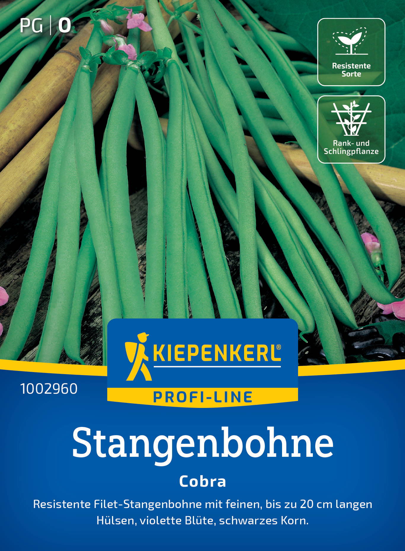 Grüne Bohnen mit violetten Blüten und holzartigem Hintergrund, Verpackung mit Label und Icons.