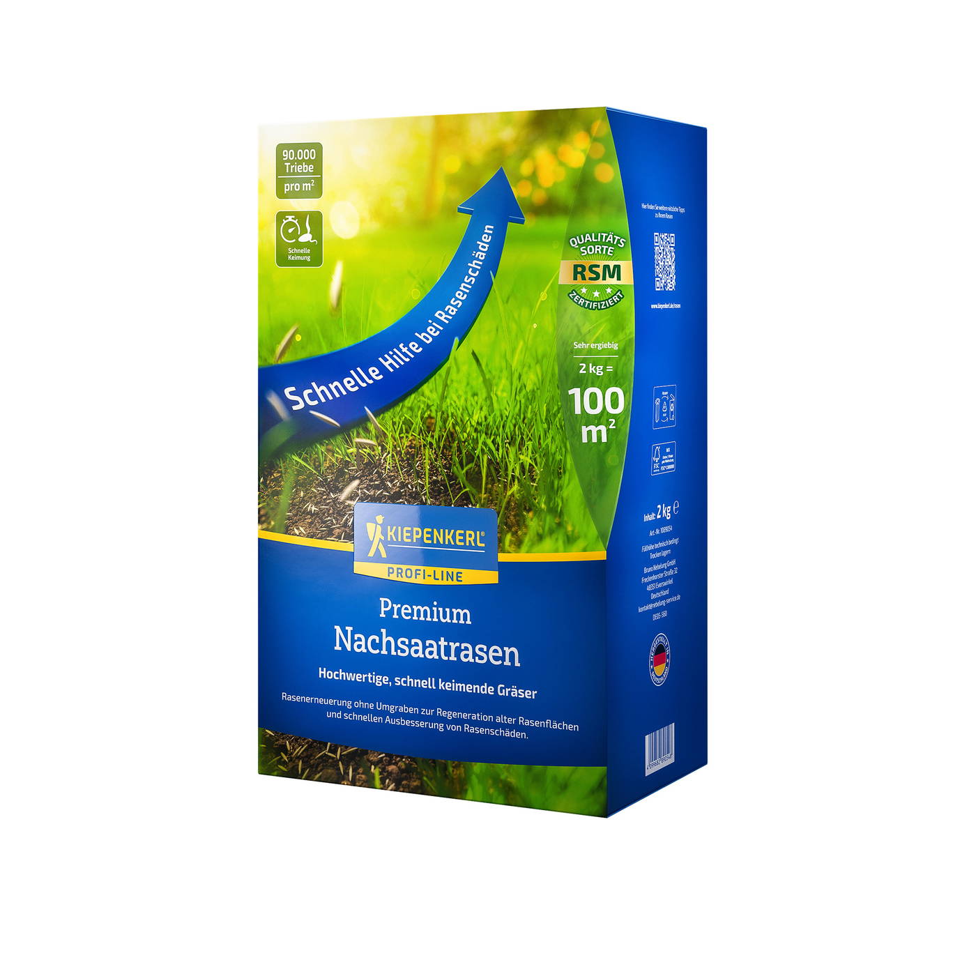 Blauer Paket mit grasgrüner und blauer Beschriftung, zeigt Gras und einen blauen Pfeil, Markenlogo Kiepenkerl.