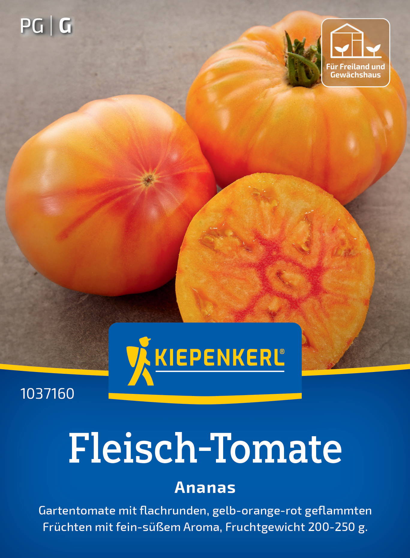 Zwei ganze Tomaten, eine halbe Tomate mit Fruchtfleisch, auf grauem Hintergrund, Markenetikett "Kiepenkerl" und Produktbeschreibung.