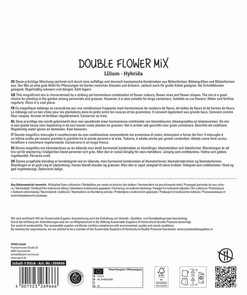 Paketbeschreibung mit Informationen in mehreren Sprachen, Zertifizierungslogos und Barcode.