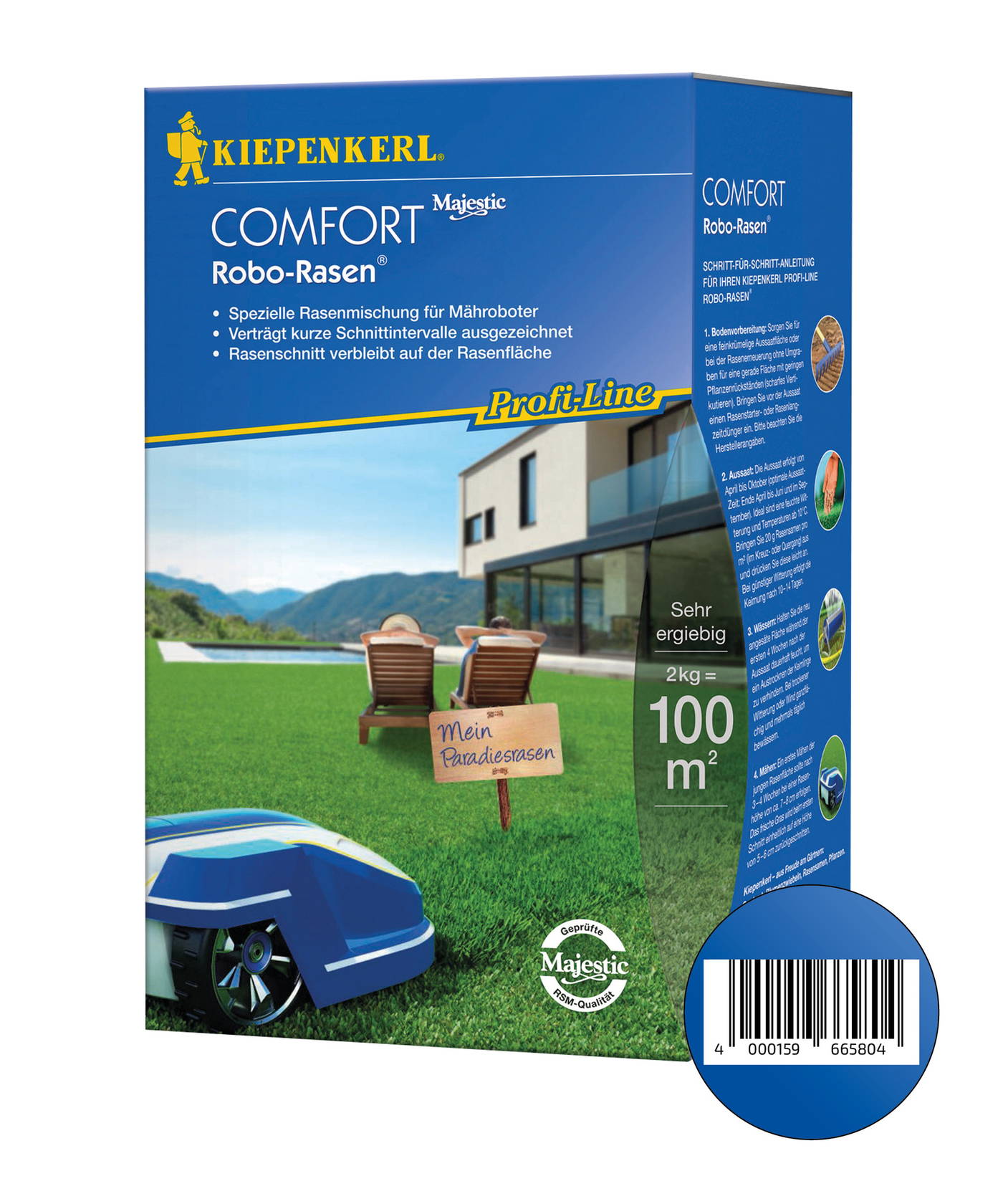 Verpackung mit Haus, Rasen, Liegestühlen, Auto, Schild "Mein Paradiesrasen", blaue Box mit Text und Barcode.