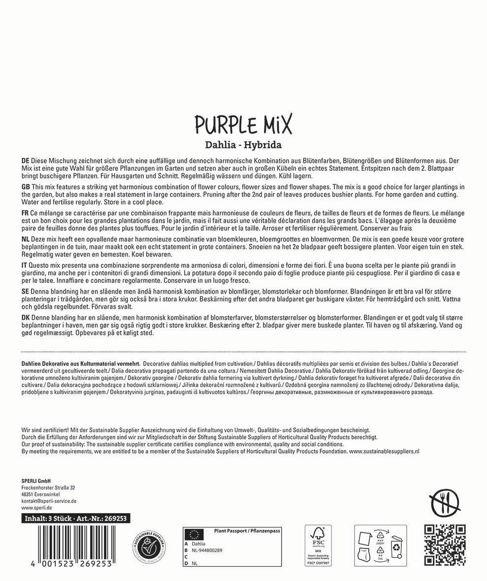 Produktbeschreibung "PURPLE MIX Dahlia Hybrida" mit mehreren Sprachen, Icons, Barcode und Zertifizierungen.