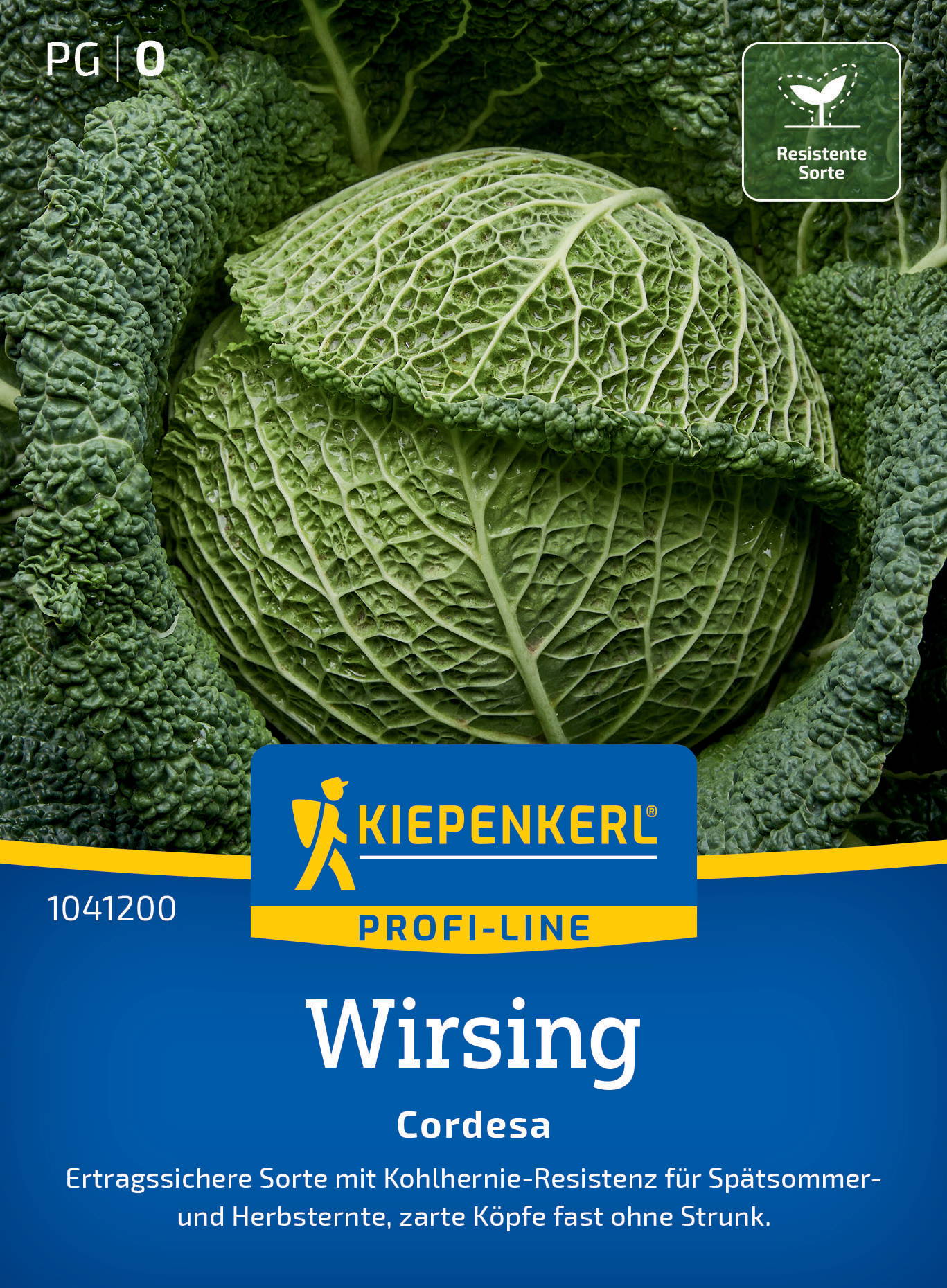 Grüner Wirsingkopf mit umgebenden Blättern, Verpackung mit blauem Label, Kiepenkerl Schrift, Logo, Informationen auf Deutsch.