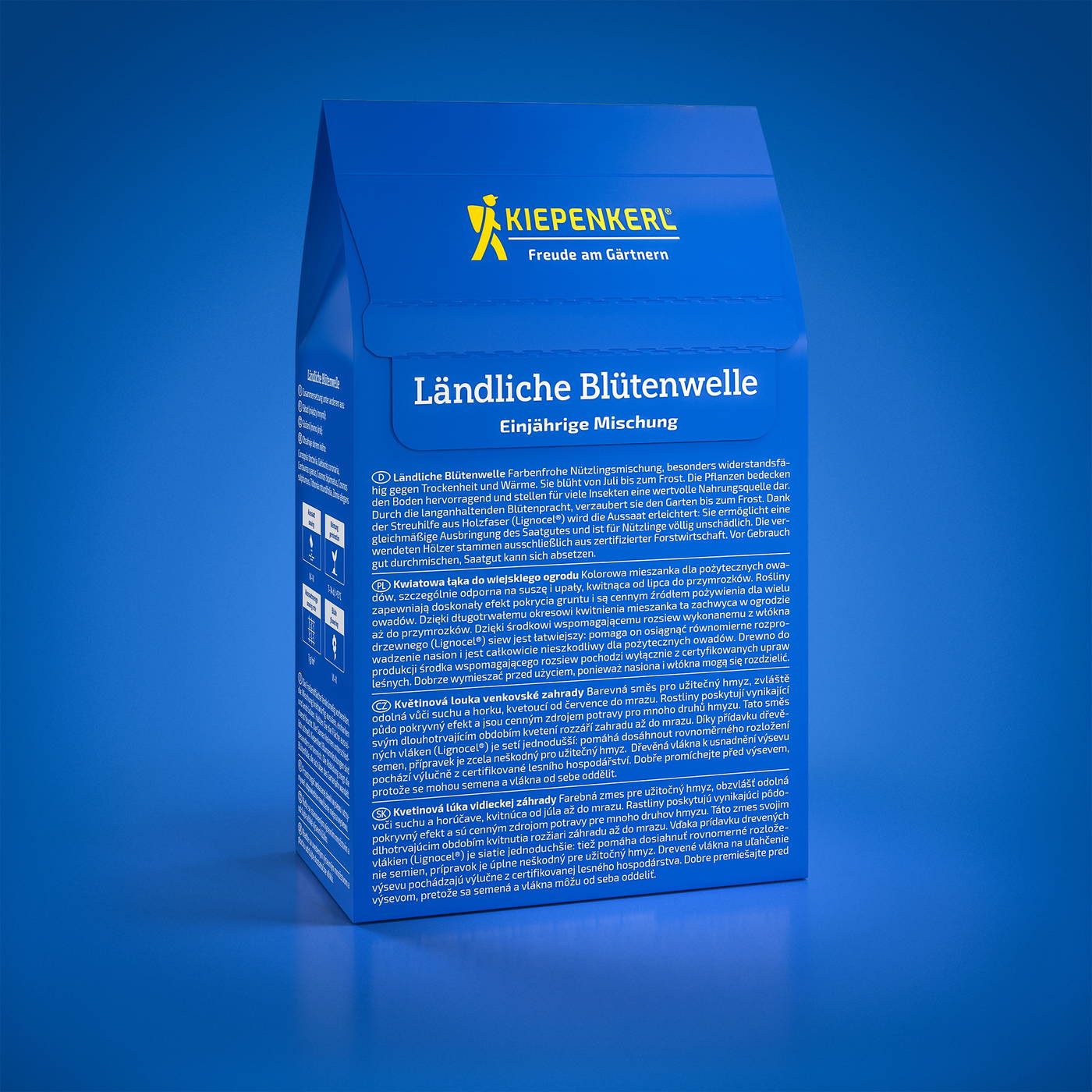 Blaue Verpackung mit gelbem Logo, weißen und blauen Beschreibungen und Symbolen, steht auf blauer Oberfläche herunter.