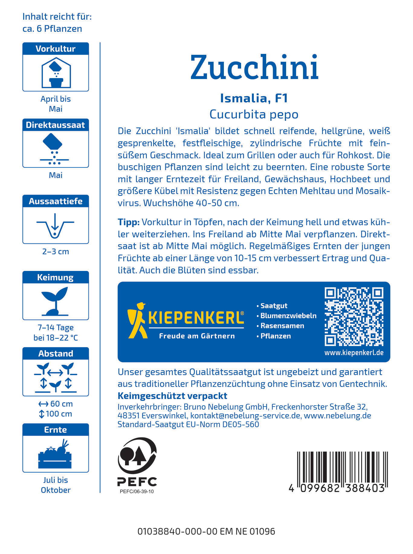 Infoblatt über Zucchini Ismalia, mit Text, Symbolen, Logo, QR-Code, Barcode, Adressen und Zertifizierungszeichen.