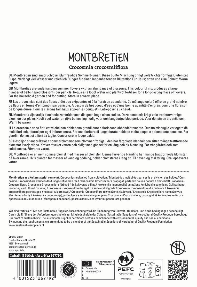 Text im Bild beschreibt Montbretien, sommerblühende Blumen, in sechs Sprachen, inklusive Pflege- und Lagerhinweisen.