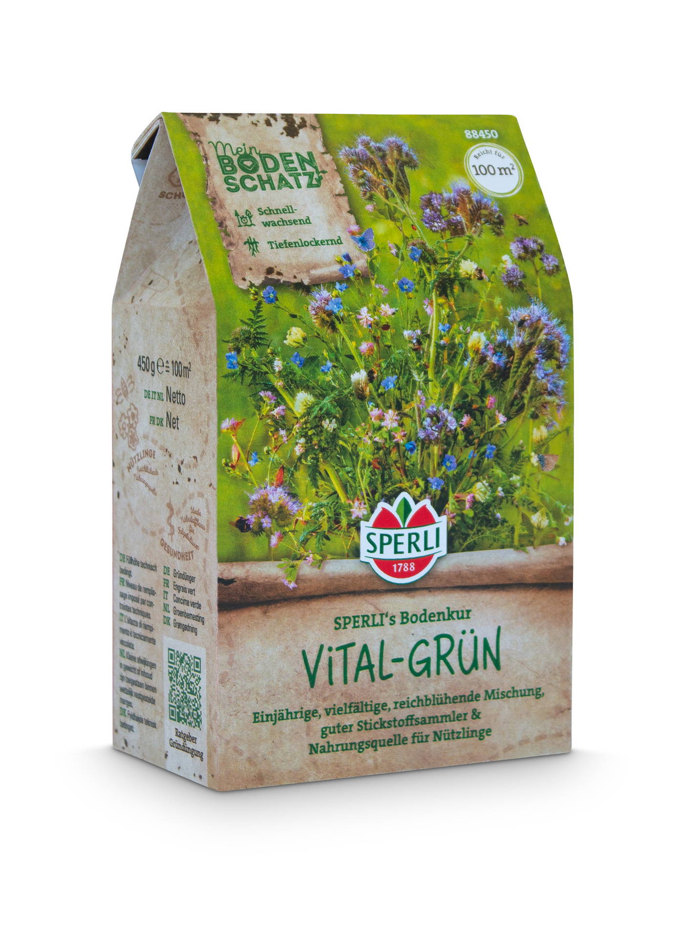Bodenmischung mit bunten Blumen und Gräsern, Verpackung mit Produktinformationen und Markenaufdruck.