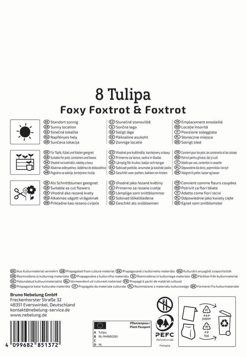 Verschiedene Symbole, Text und Logos auf einer Verpackung, darunter Blumen, Pflanzensymbole und Recyclingzeichen.