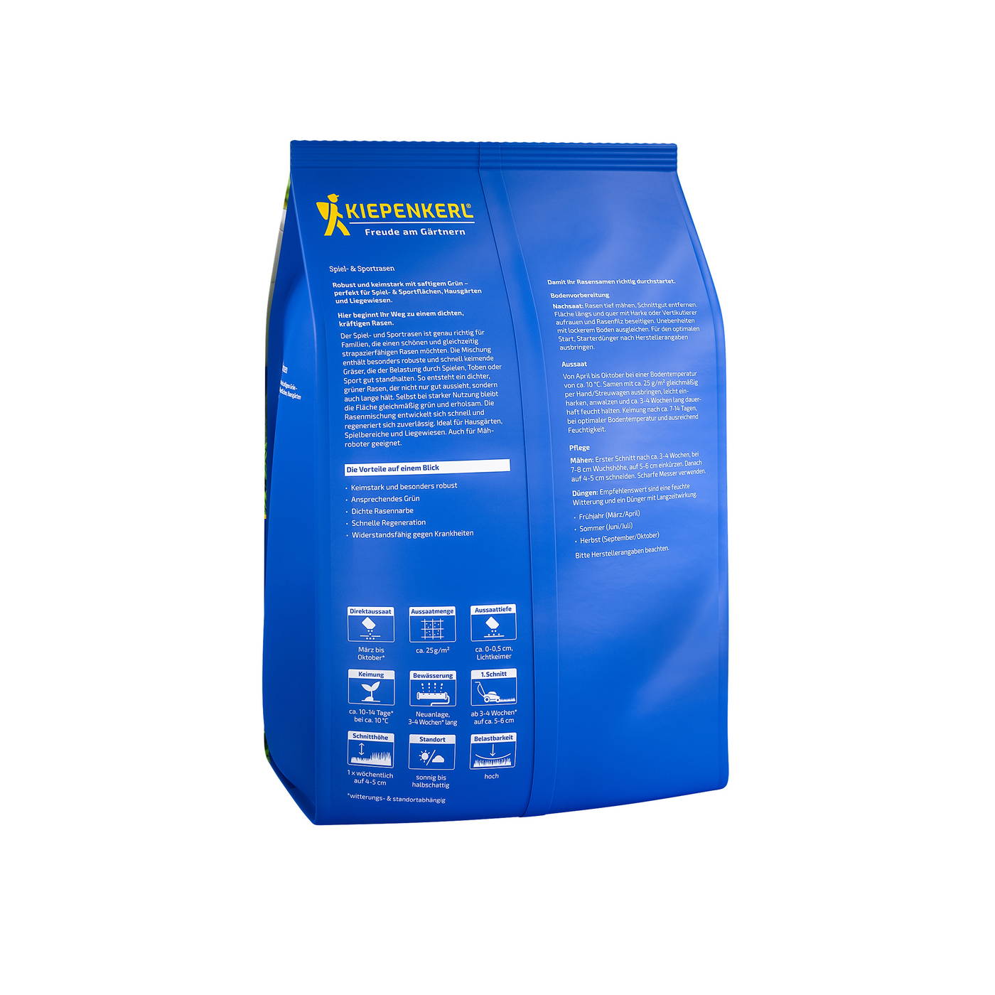 Blauer Sack mit gelbem Kiepenkerl-Logo und weißen Text, Produktinformationen und Anwendungshinweisen.