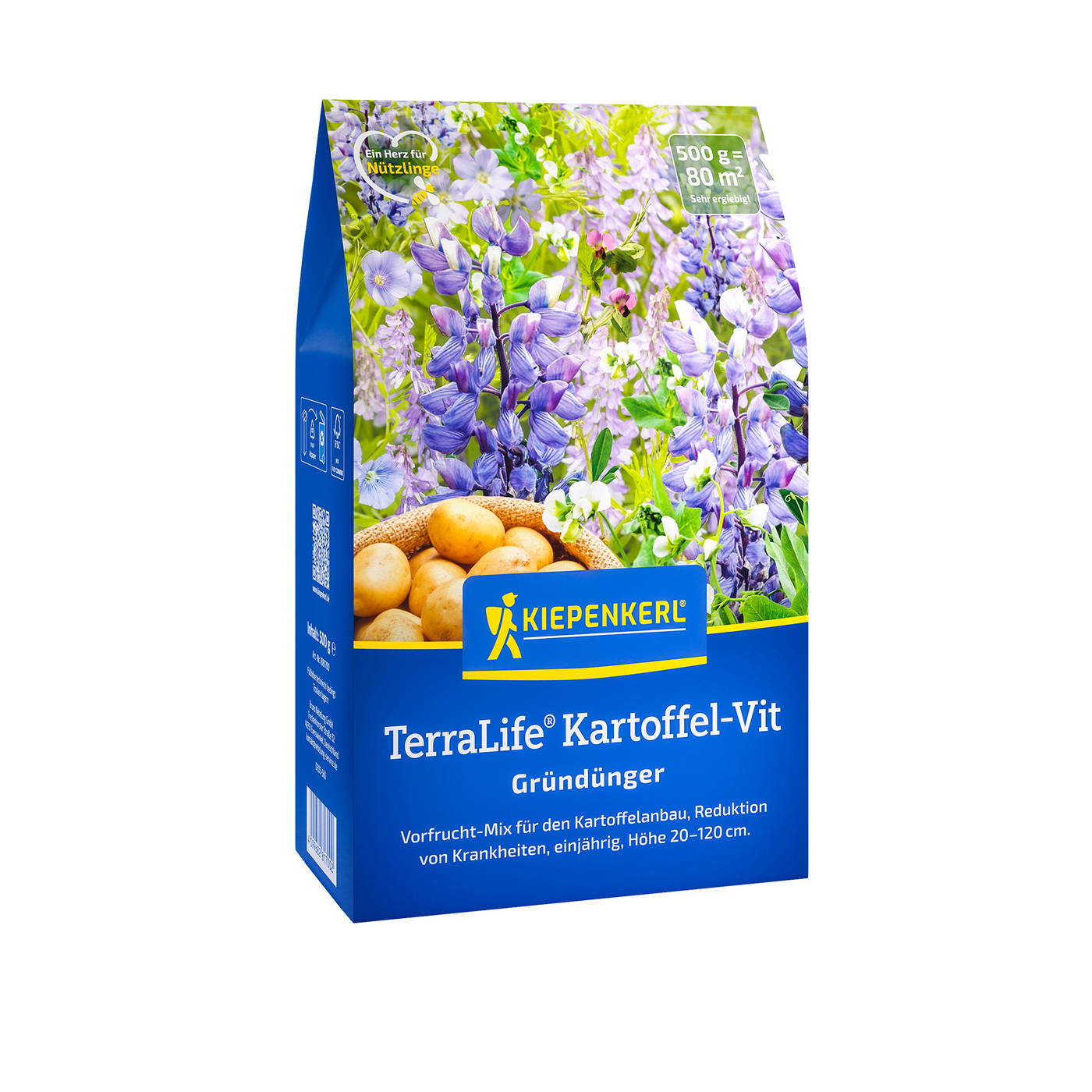 Blumen und Kartoffeln auf der Verpackung des Kiepenkerl TerraLife Kartoffel-Vit Düngers.