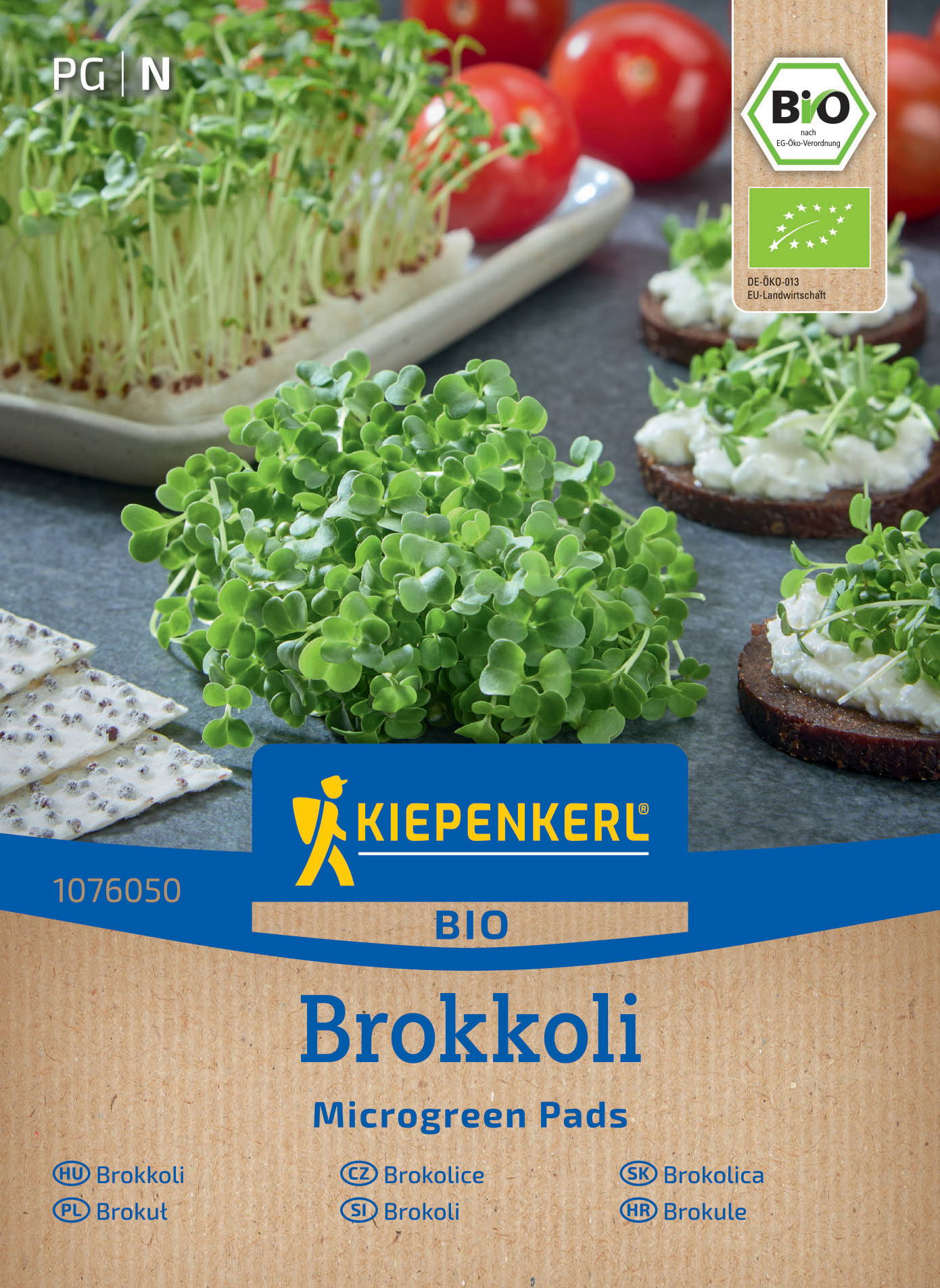 Frisches Biobrokkoli, kleiner Blattansatz, auf grauem Stein, mit Tomaten und Käsebaguette im Hintergrund.