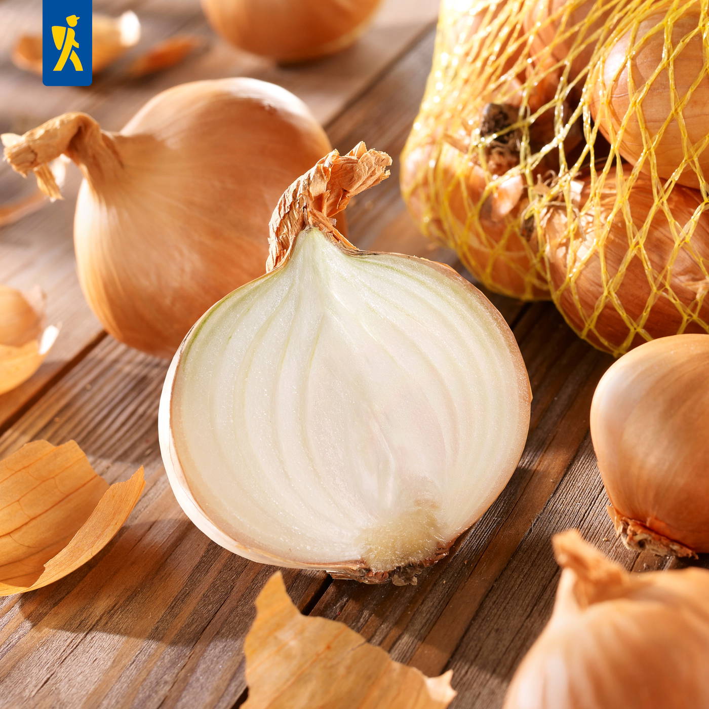 Zwiebel halbiert, andere Zwiebeln, Schale und ein Netz mit Zwiebeln auf Holz.