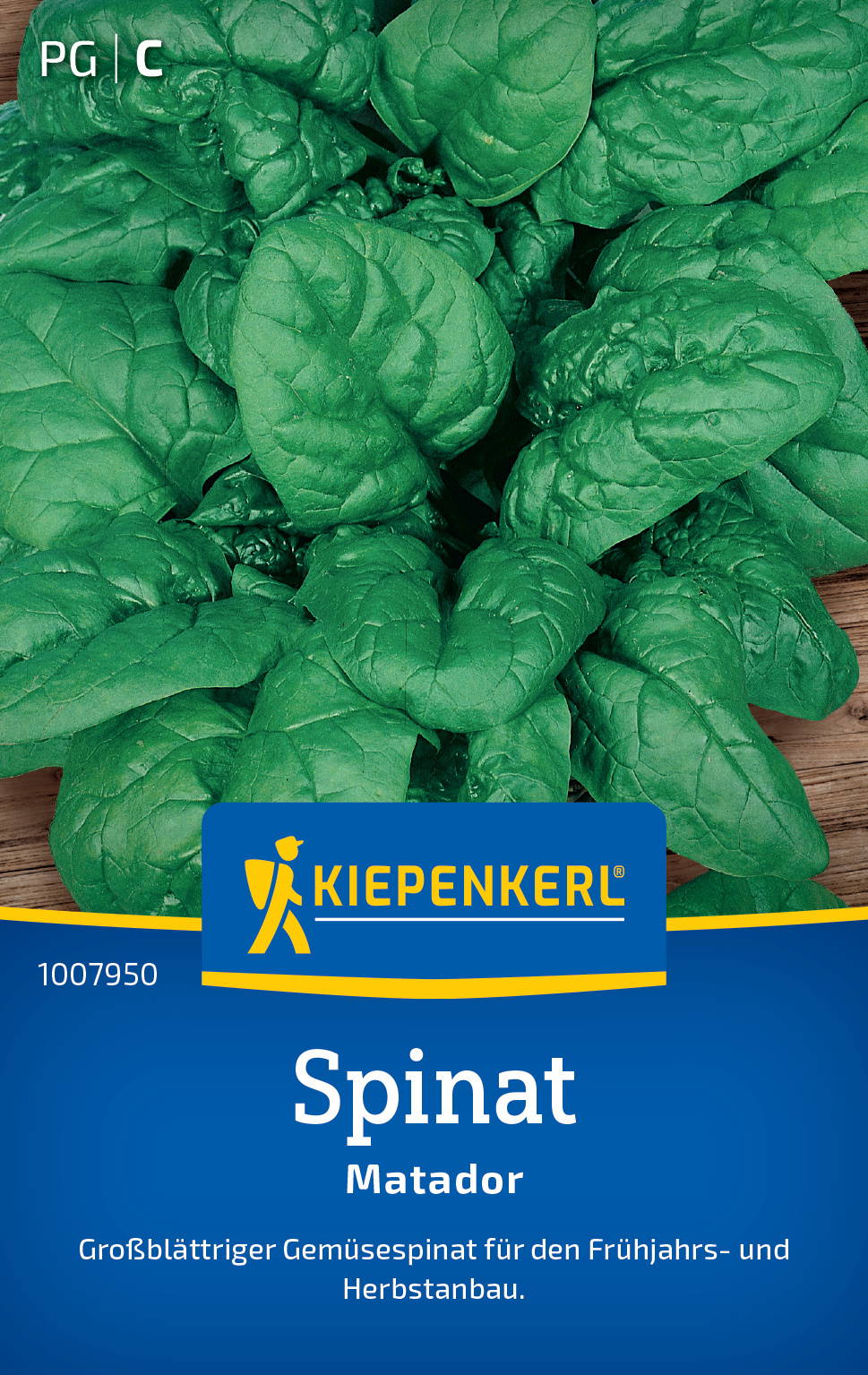 Großblättriger grüner Spinatzwiebel auf Holzbank, Verpackung mit Kiepenkerl Logo und Text.