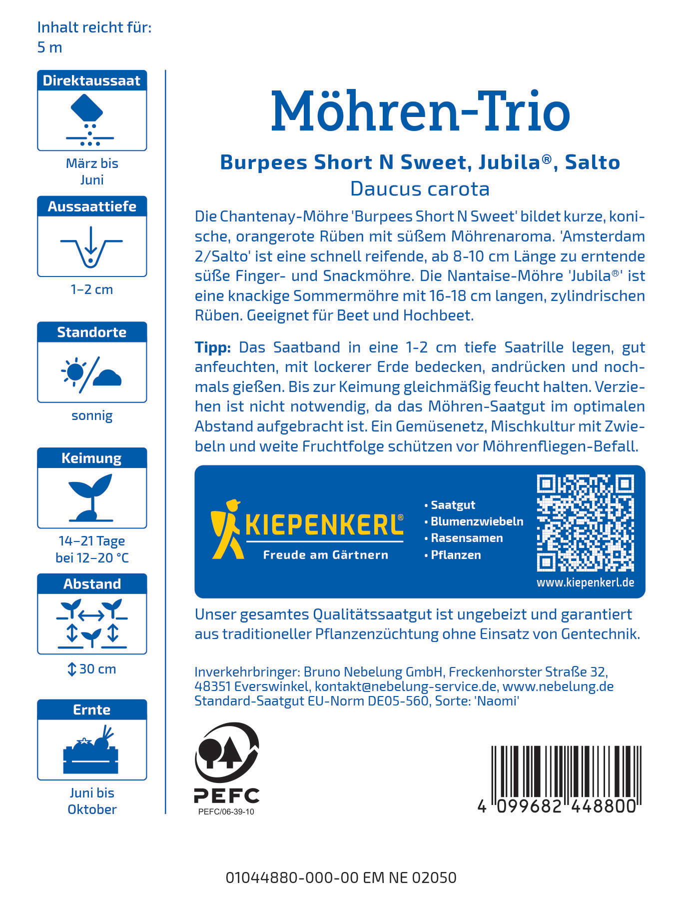 Blauer und weißer Etikettenabschnitt mit Text, QR-Code, Logo, Barcode und verschiedenen Symboldarstellungen.