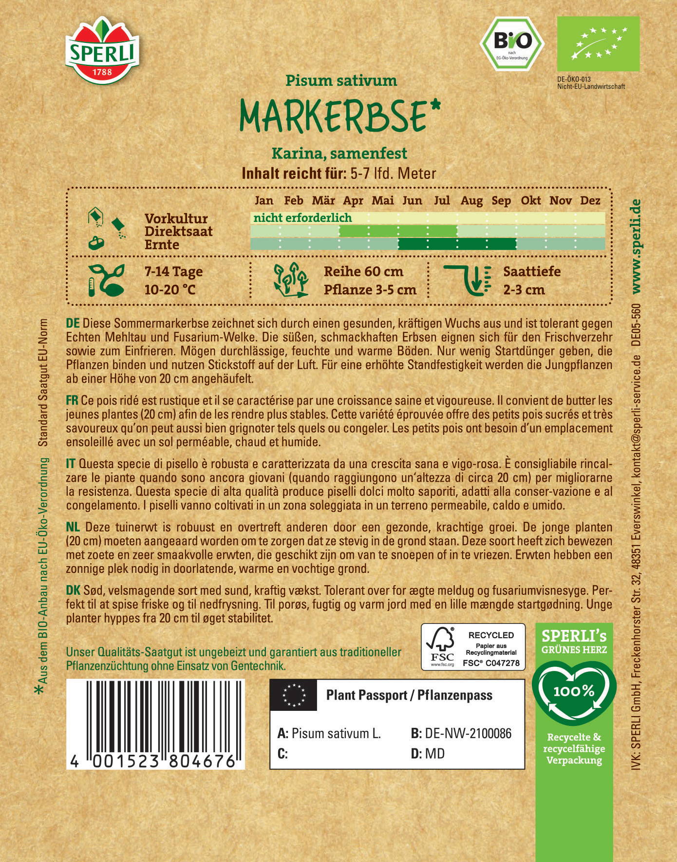 Paket mit grüner Hintergrundfarbe, enthält Text, Logos, Barcodes, und multiple Hinweise in Deutsch, Französisch, Italienisch und Niederländisch.