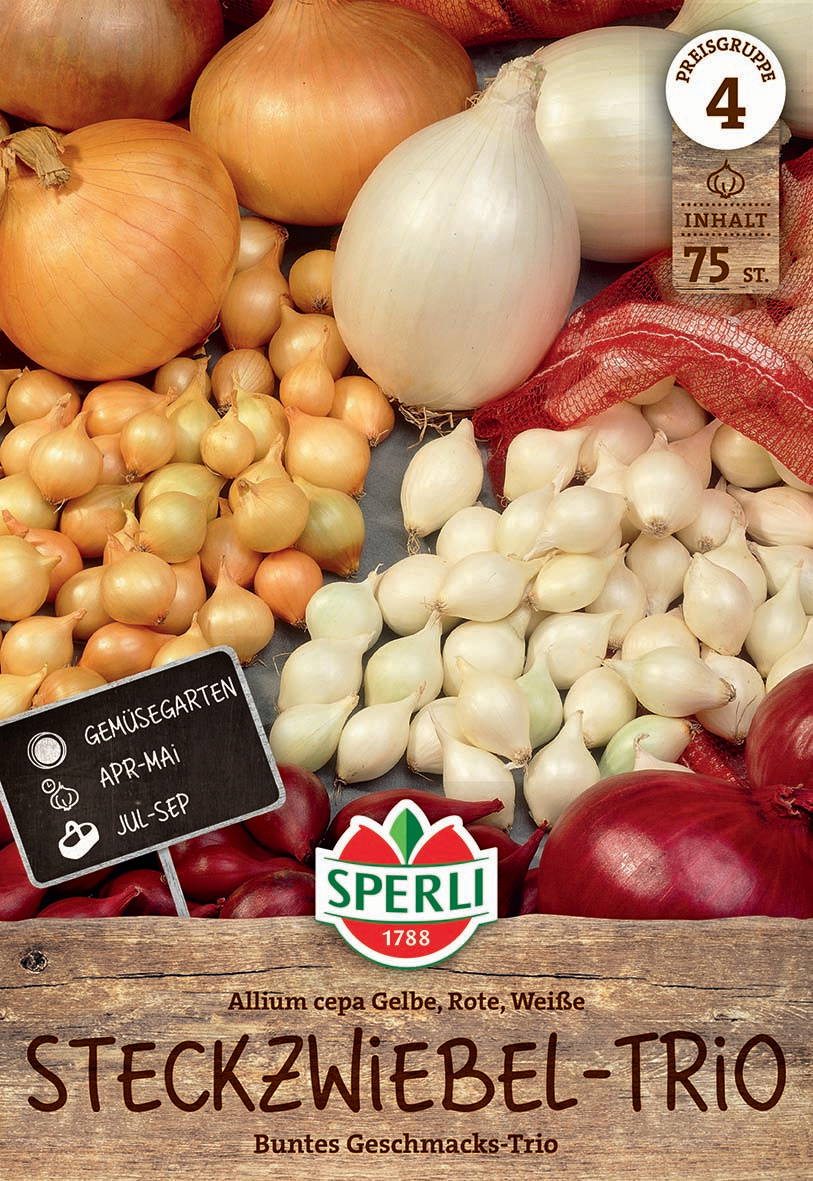 Verschiedene Zwiebeln in Netz- und Kisten, darunter gelbe, weiße und rote Zwiebeln, auf einem Holztisch.