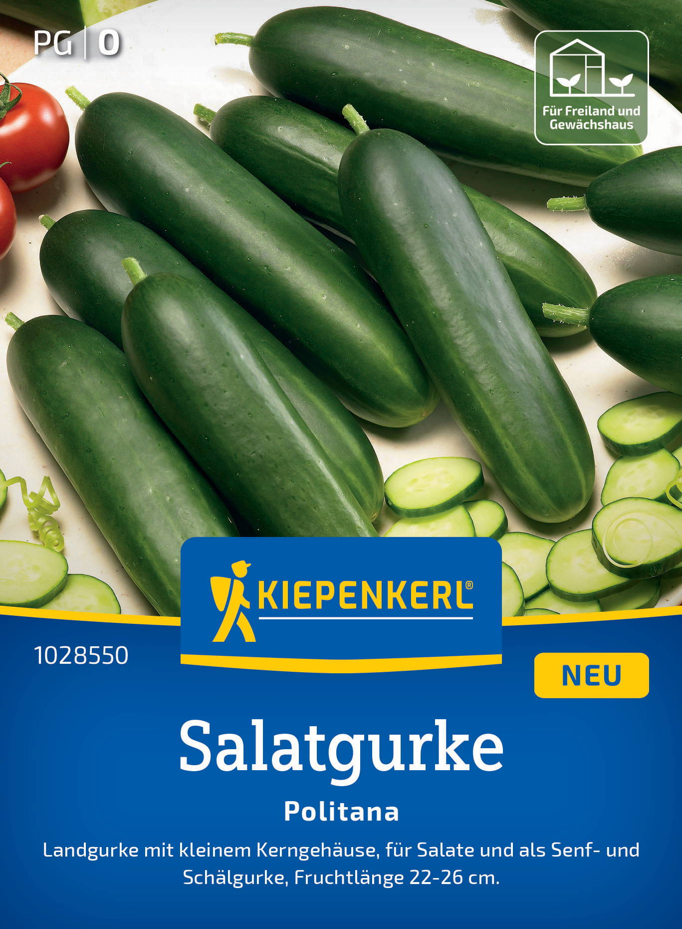 Grüne Salatgurken, einige in Scheiben geschnitten, auf weißem Hintergrund, Verpackung mit Kiepenkerl-Logo und Produktinformationen.