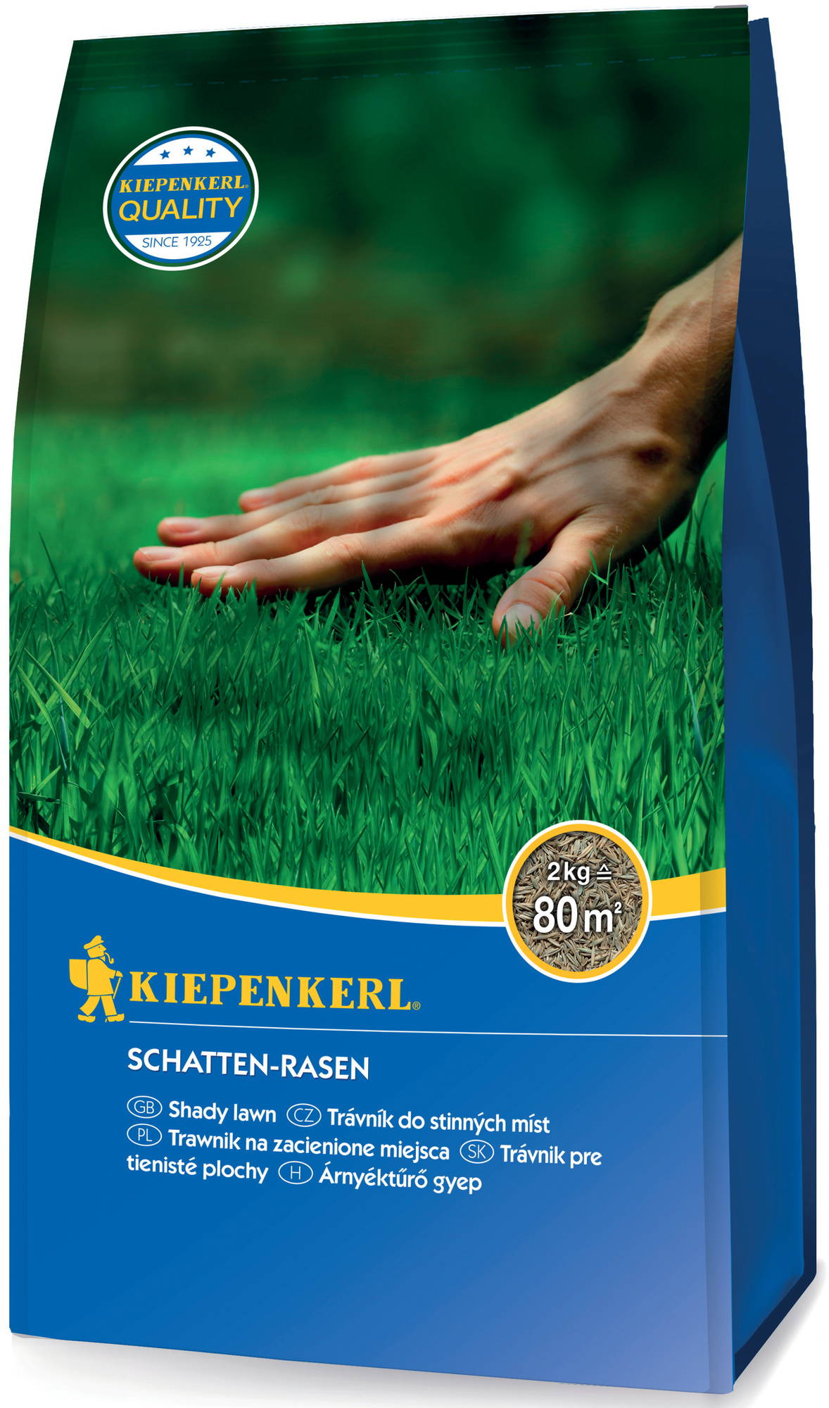 Hand, grass, and a product package with label showing 2 kg and 80 m².