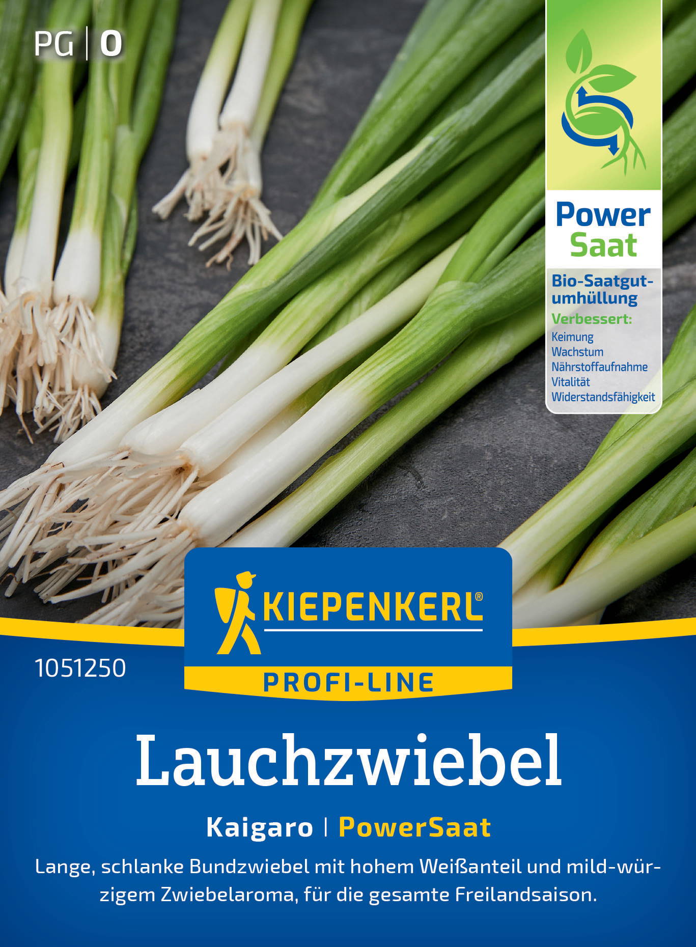 Frischer, grüner Lauchznabel mit weißen Enden, auf schwarzem Hintergrund, Verpackung mit Produkten und Text.