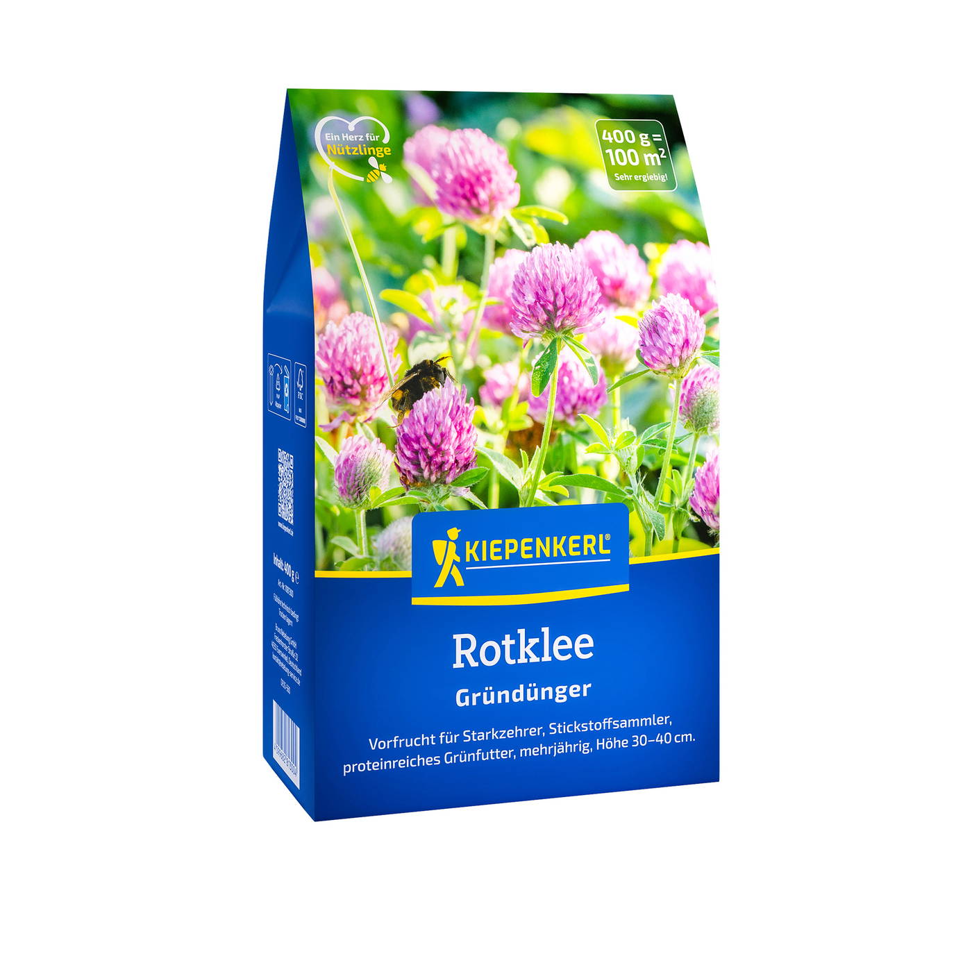 Blumentopf mit pinken Klee-Blüten, eine Biene sammelt Nektar, blaue Verpackung mit Kiepenkerl-Logo.