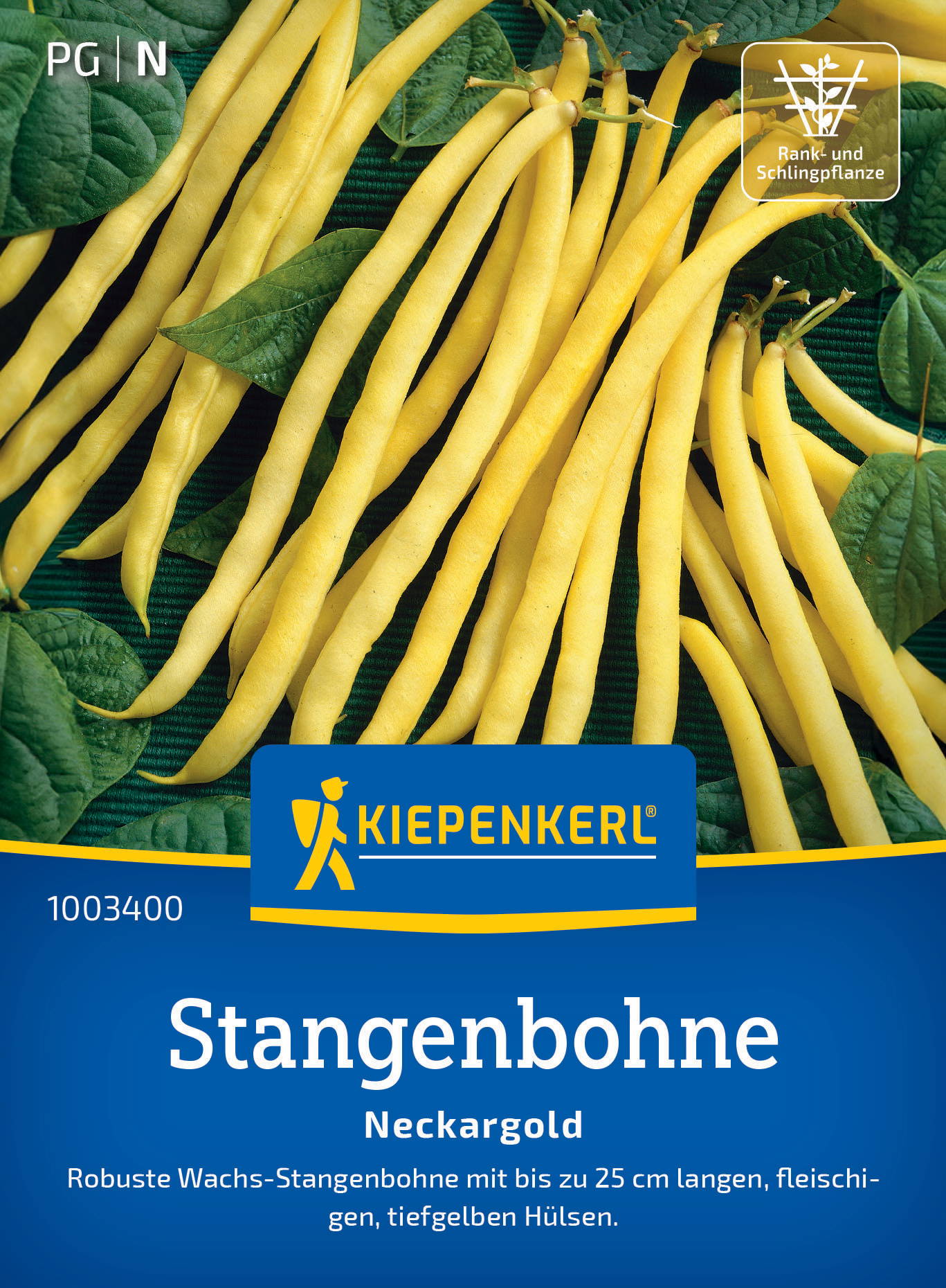 Gelbe Stangenbohnen mit einigen grünen Blättern. Verpackung mit Marke Kiepenkerl und Produktname Stangenbohne Neckargold.