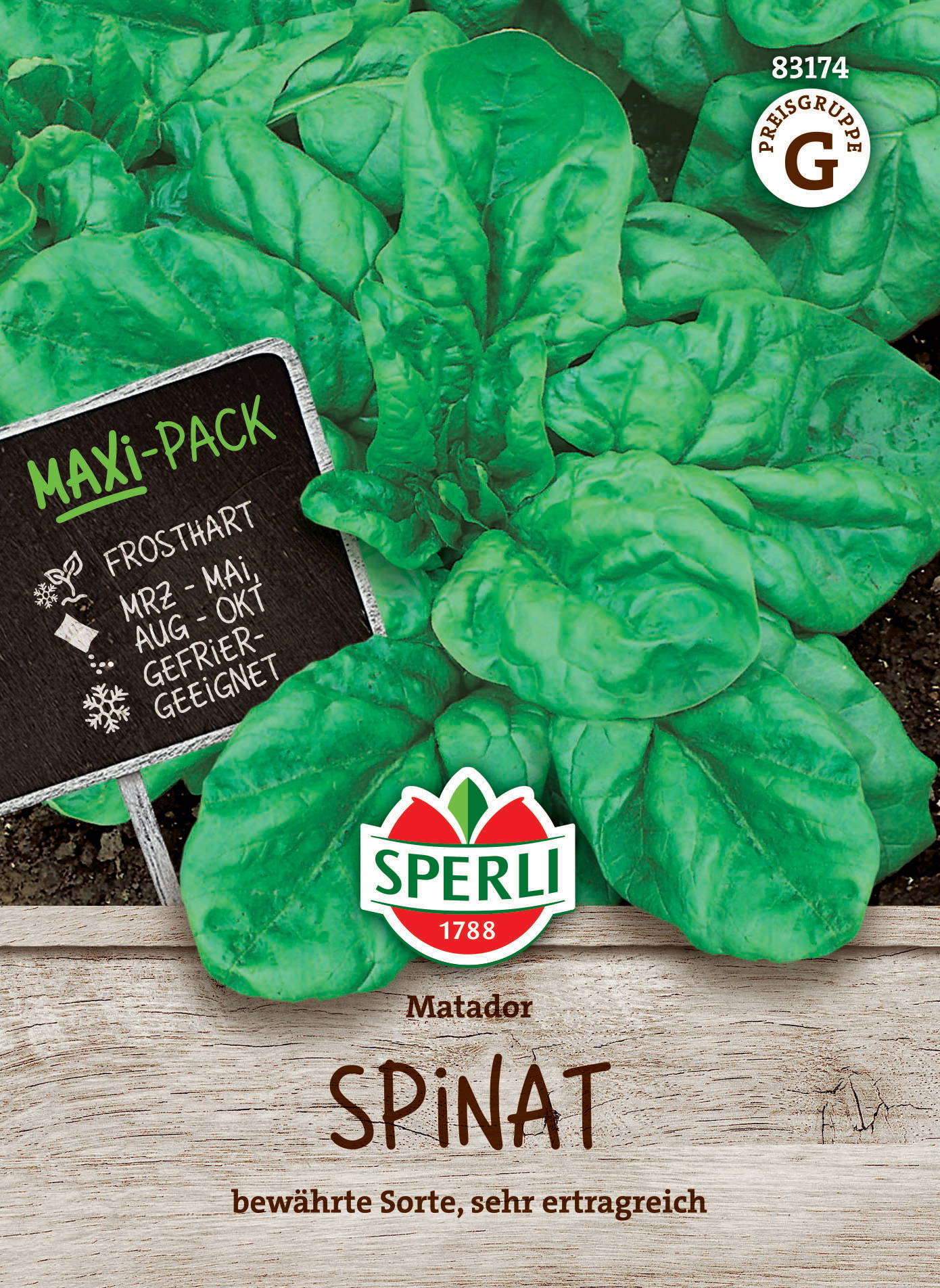 Grüne, buschige Spi­nats­pflanze mit groß­en, gewell­ten Blättern, auf Erde, mit Maxi-Pack-Anzeige und SPERLI-Logo.