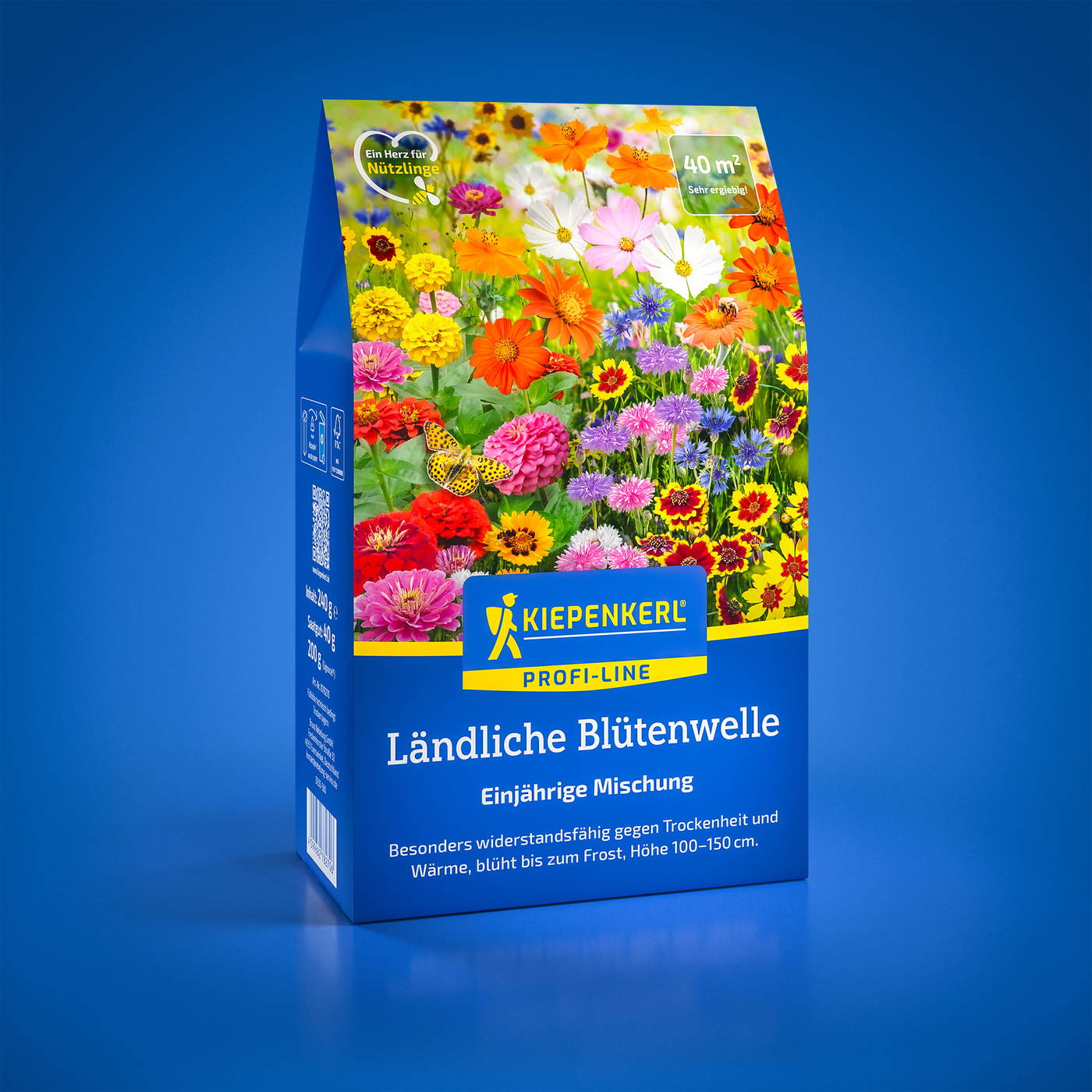 Buch durch die bunte Blumenwiese mit Gartenblumen und Biene auf grünem Hintergrund.