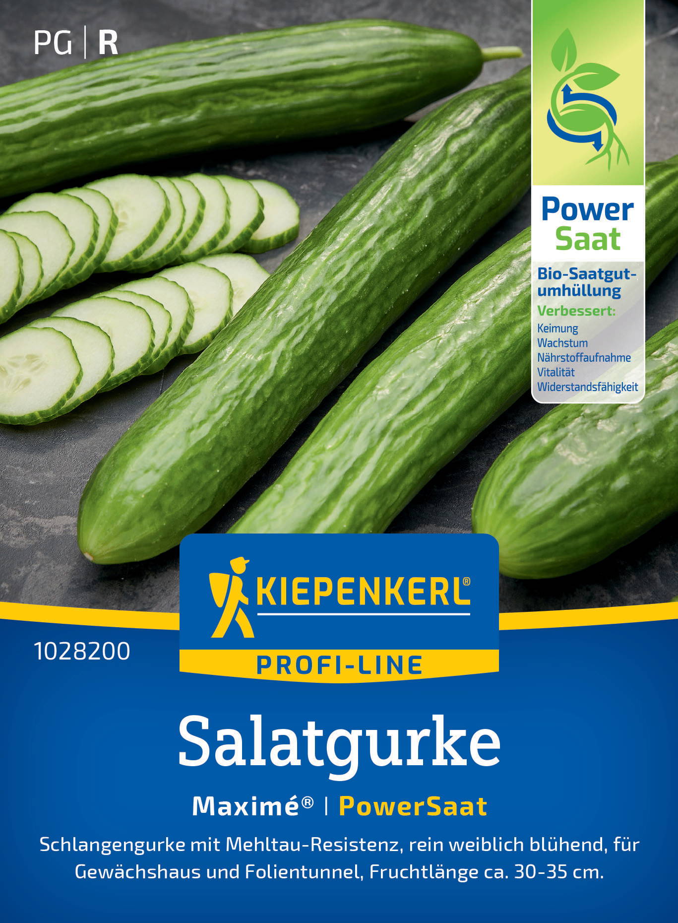 Gürkchen und Gurkenscheiben auf dunklem Hintergrund, Kiepenkerl Logo, blaue und grüne Verpackung.