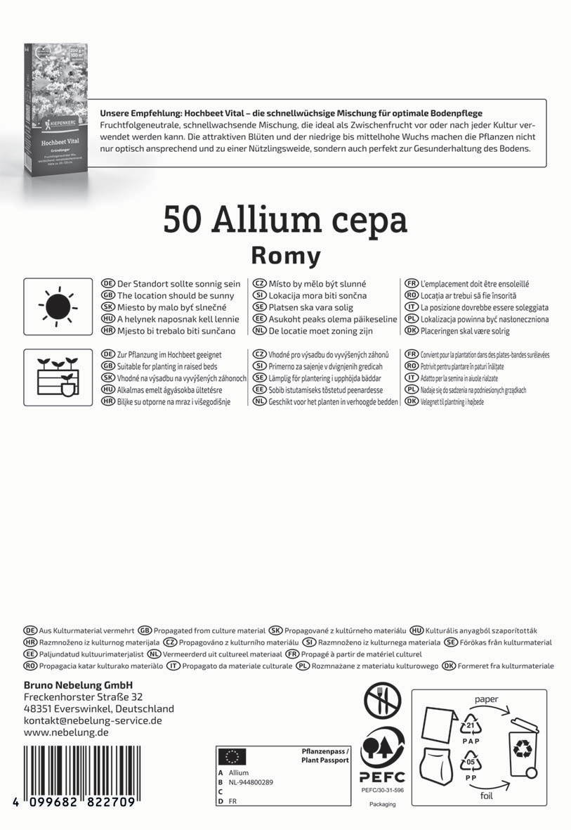 Text auf der Verpackung für Allium cepa Romy, mit Anweisungen auf mehreren Sprachen, Symbolen für Verpackung und Nachhaltigkeit.
