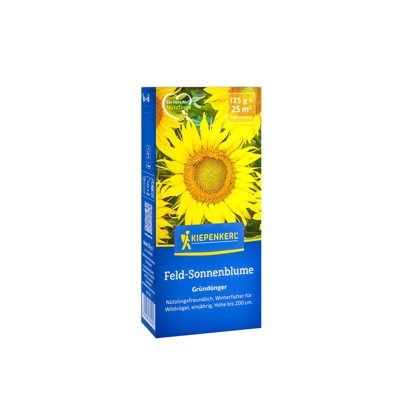 Gelbes Sonnenblumen-Saatgut in blauer Verpackung mit Sonnenblume auf der Vorderseite.