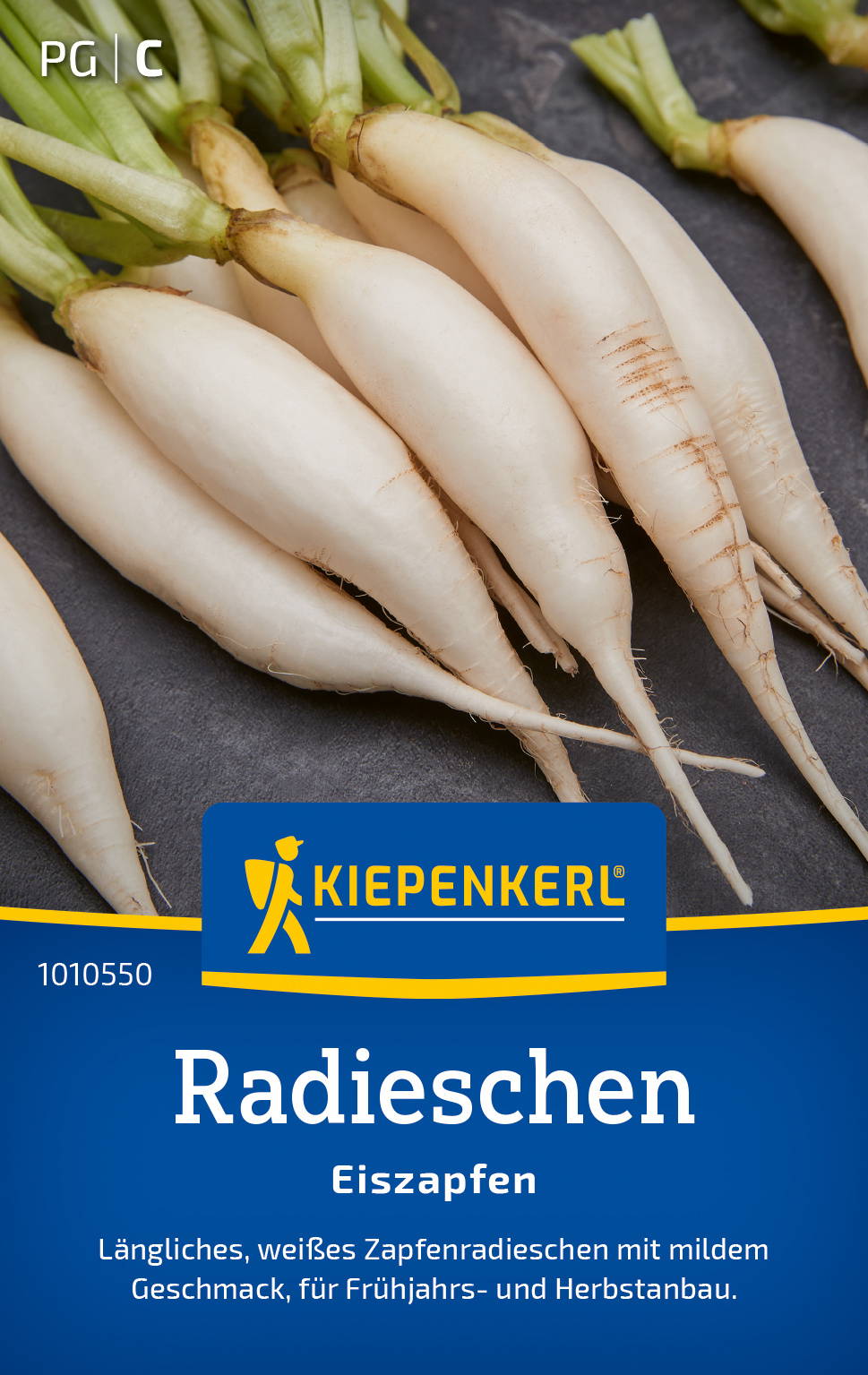 Weiße Radieschen mit grünen Blättern auf dunklem Hintergrund.