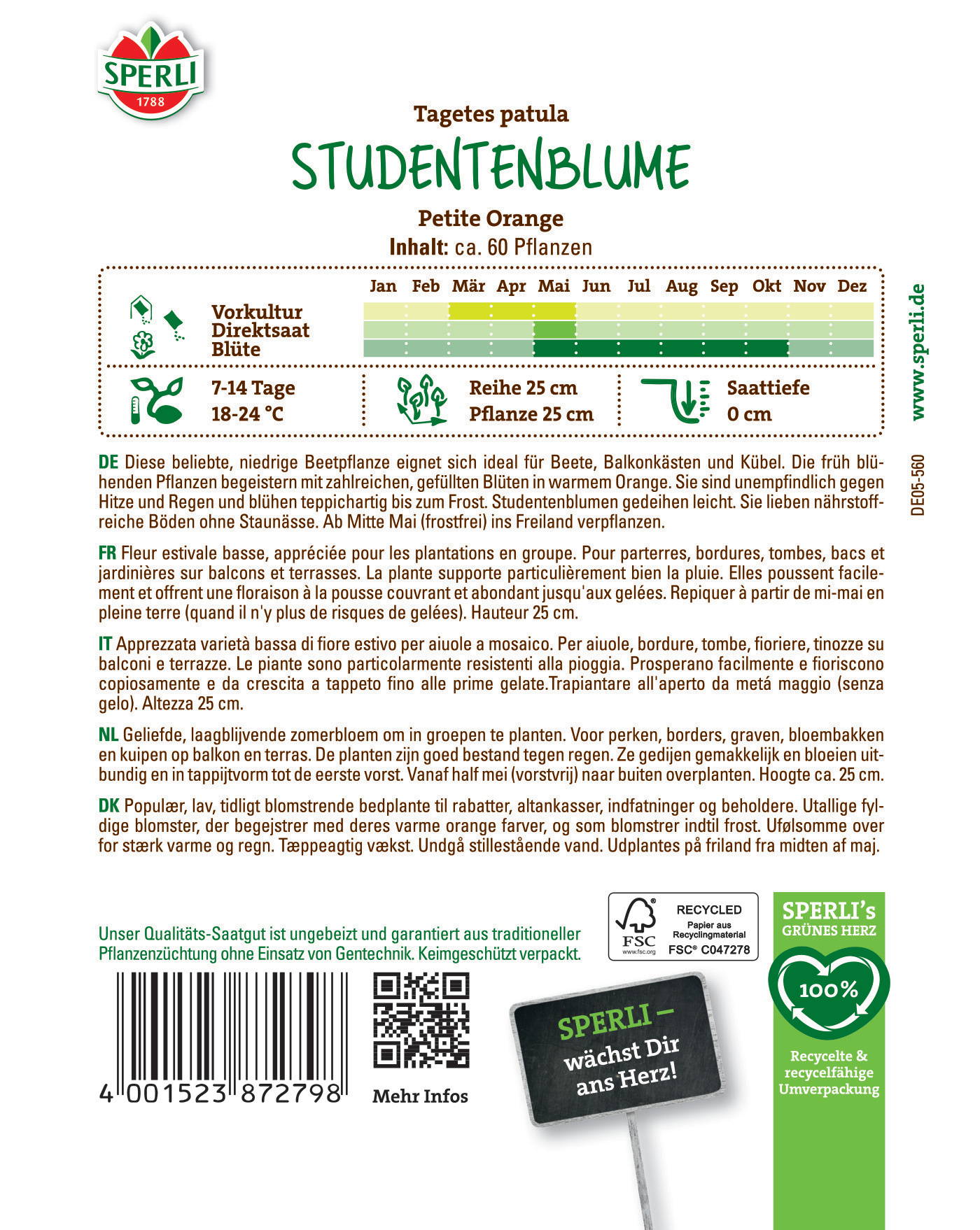 Kleine orange Studentenblumen mit mehreren Blüten, ca. 25 cm hoch, auf grüner Verpackung.