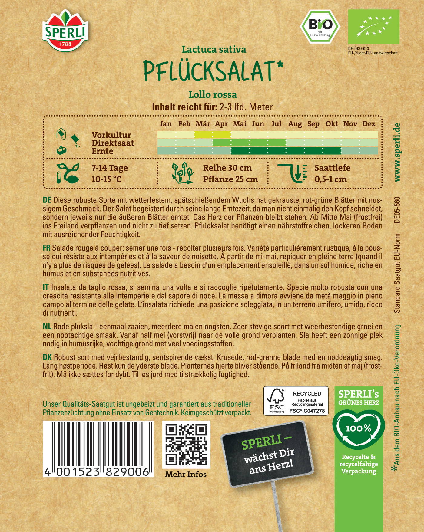 Packung mit Bio Lolla Rossi Pflücksalat, Enthält Anbaubeschreibung und Anbauhinweise, mit Barcode und QR-Code.