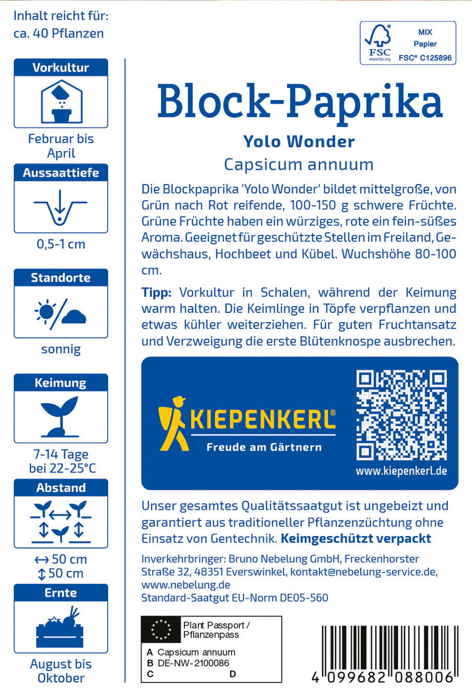 Vorderseite eines Saatgutsäckchens für Block-Paprika Yolo Wonder mit Beschreibung, Logos und QR-Code.