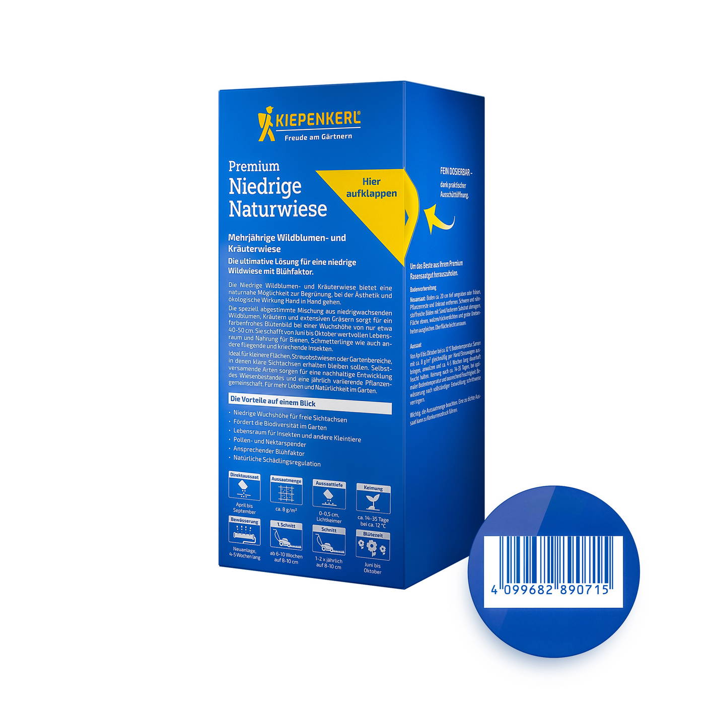 Blaue Verpackung mit gelbem Pfeil, Text und Barcode, enthält Wildblumen- und Kräuterwiese Saatgut.