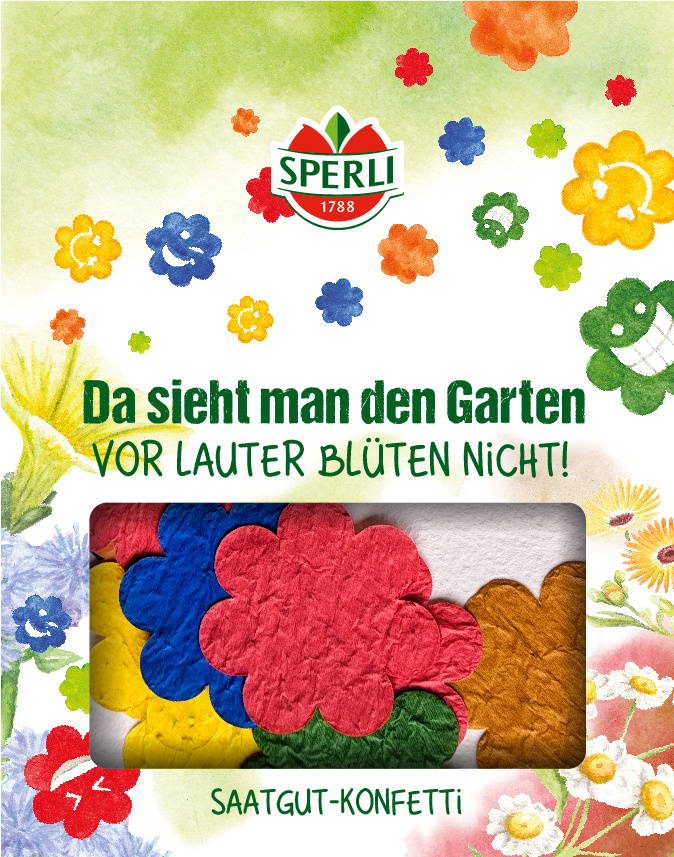 Bunte Stoffblumen auf Paket mit Spruch, "Da sieht man den Garten, vor lauter Blüten nicht" und "Saatgut-Konfetti".